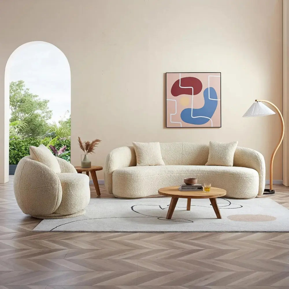 ANJU Curved Kidney Sofa in Boucle-Look Lamb Fleece or Velvet, 95–320 cm