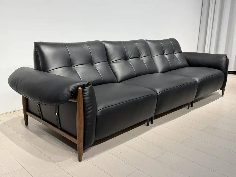 ANJU Button-Tufted Faux Leather Sofa with Exposed Wood Frame, 260–360 cm