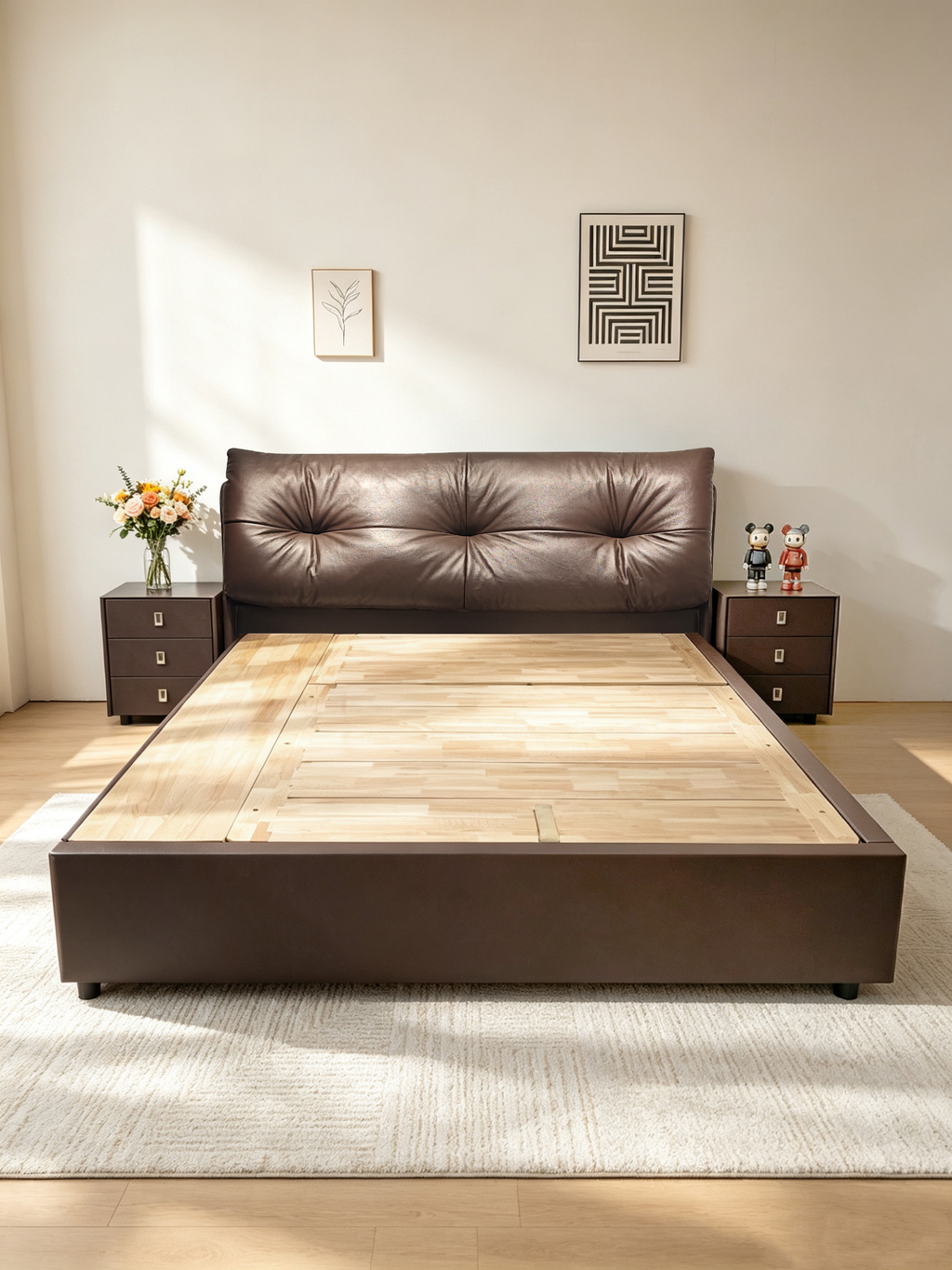 ANJU Pillow-Top Headboard Gas Lift Storage Bed with Drawers, Faux or Cowhide Leather, Queen or King