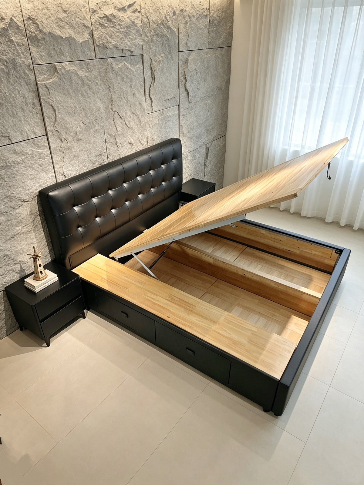 ANJU Deep Button-Tufted Storage Bed Frame with Full Gas Lift Base and 2 Drawers, Faux Leather, Queen or King