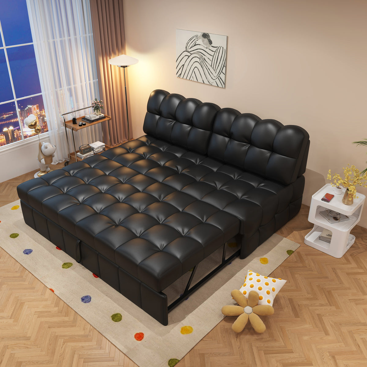 ANJU Armless Pull Out Sofa Bed with Square-Tufted Seat, Single or 2-Seater, 80–190 cm