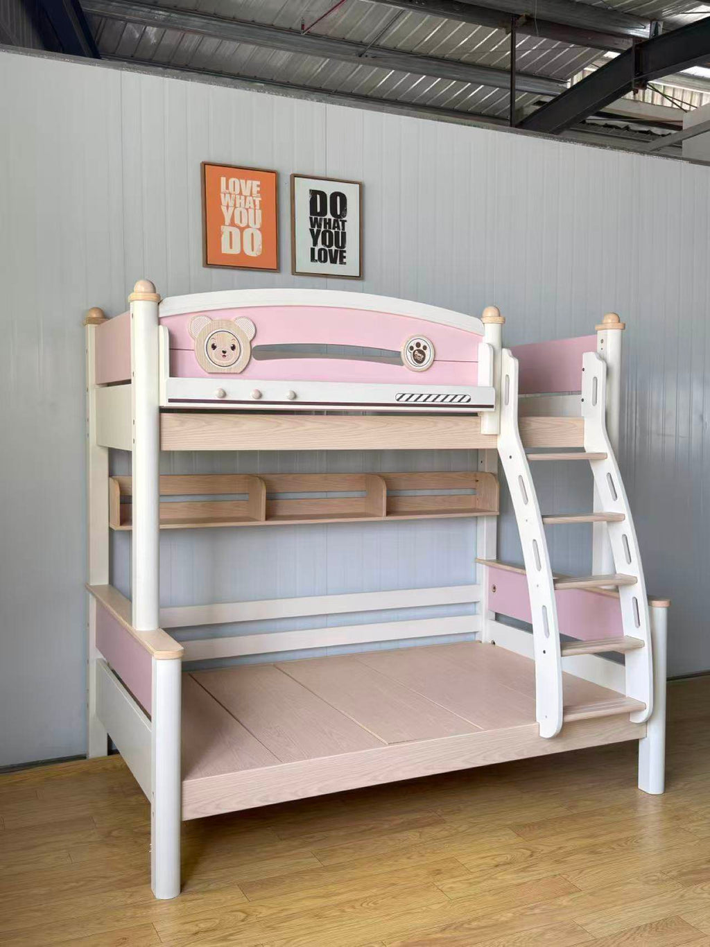 ANJU Pink and White Wooden Bunk Bed with Optional Storage Stairs