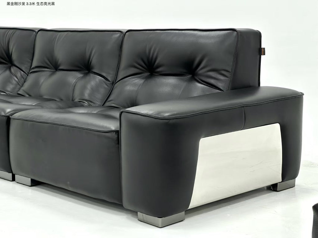 ANJU Glossy Button-Tufted Faux Leather Sofa with Chunky Arms and Metal Feet, 290–350 cm