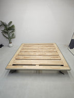 ANJU Bevelled Edge Floating Oak Platform Bed with Black Metal Feet, Queen or King