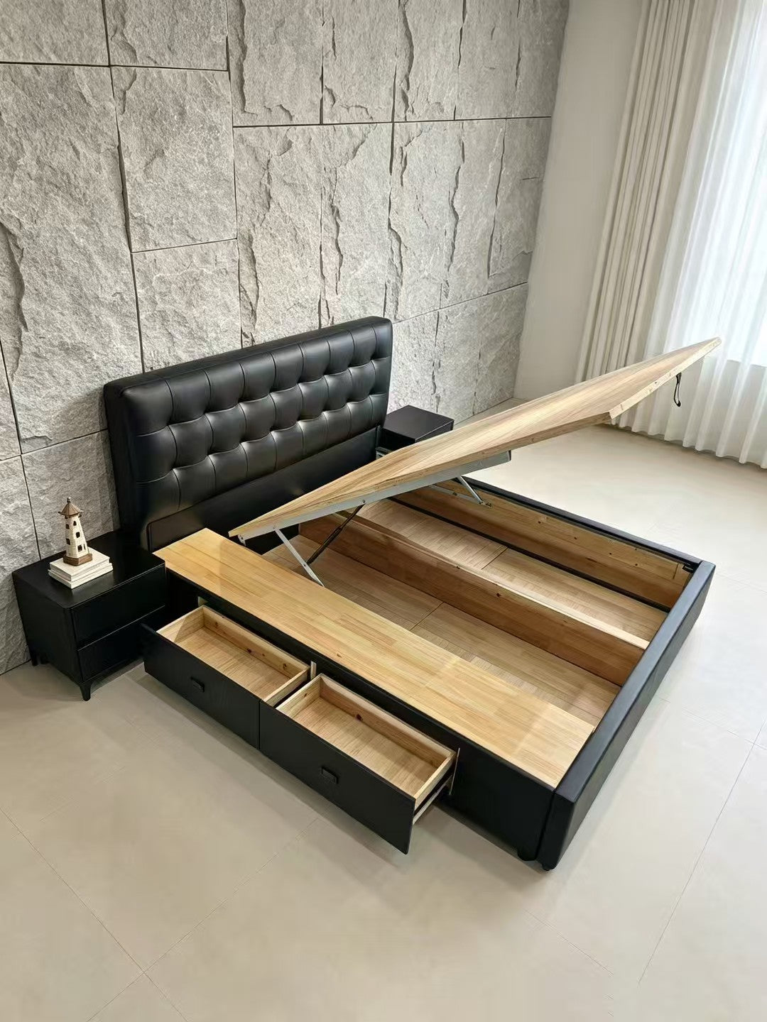 ANJU Deep Button-Tufted Storage Bed Frame with Full Gas Lift Base and 2 Drawers, Faux Leather, Queen or King