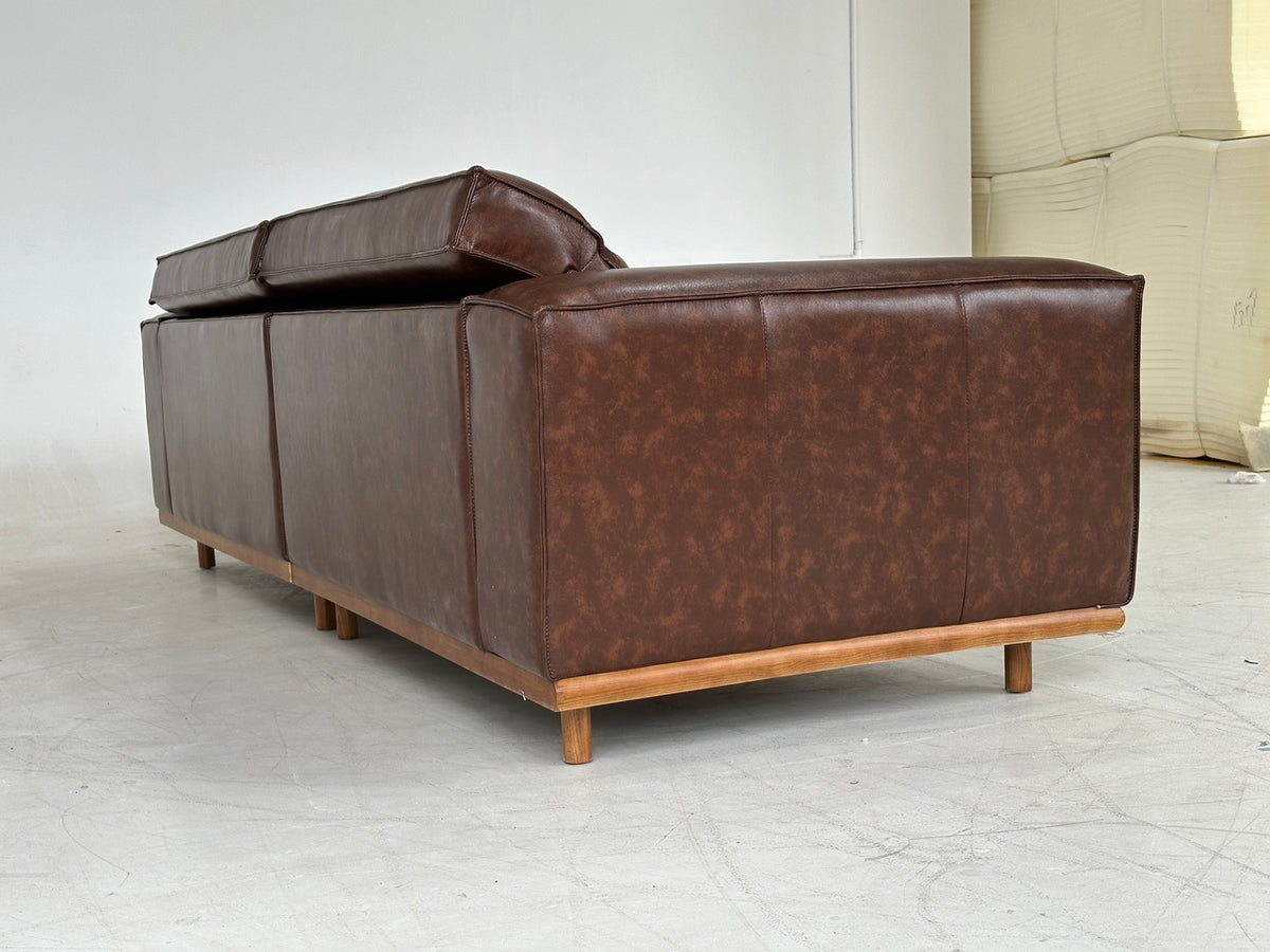 ANJU Oil-Wax Faux Leather Sofa with Headrests and Wooden Base, 270 cm