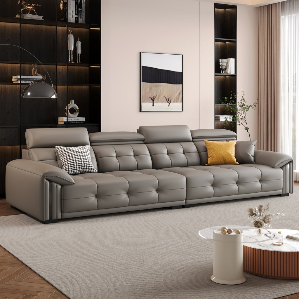 ANJU Four-Headrest Tufted Faux Leather Sofa with Metal Arm Trim, 126–400 cm