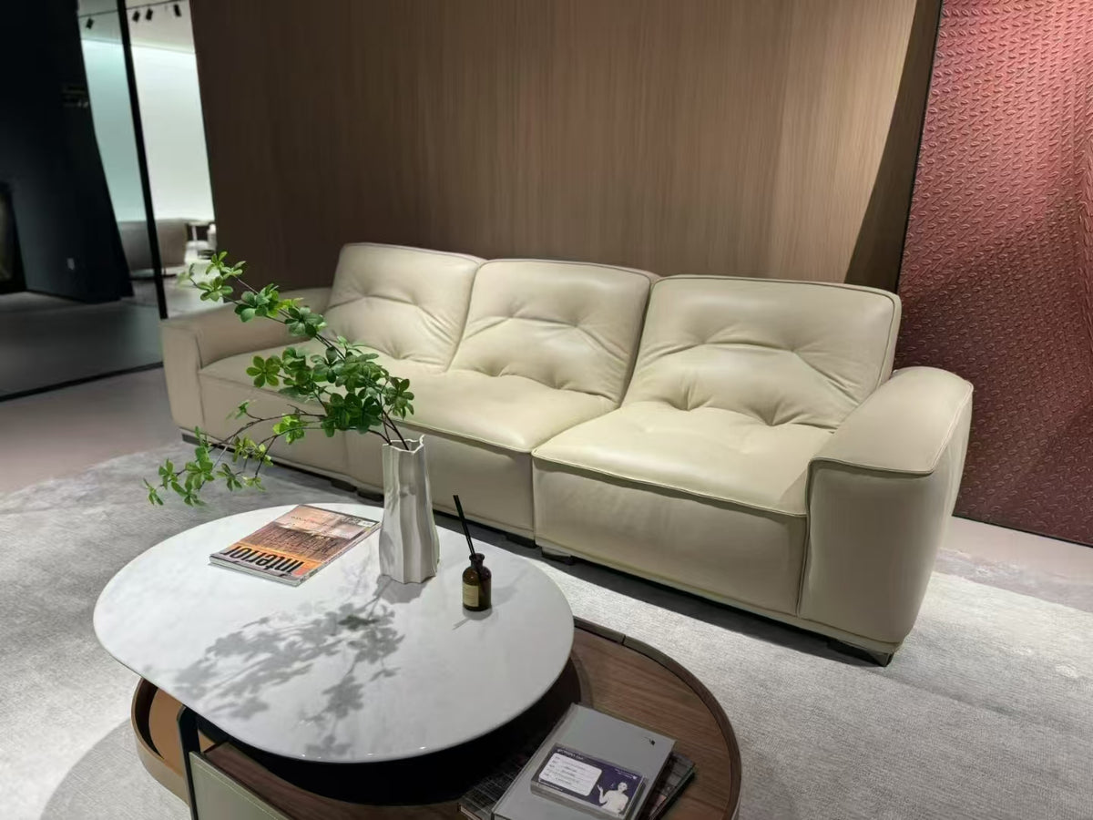 ANJU Glossy Button-Tufted Faux Leather Sofa with Chunky Arms and Metal Feet, 290–350 cm