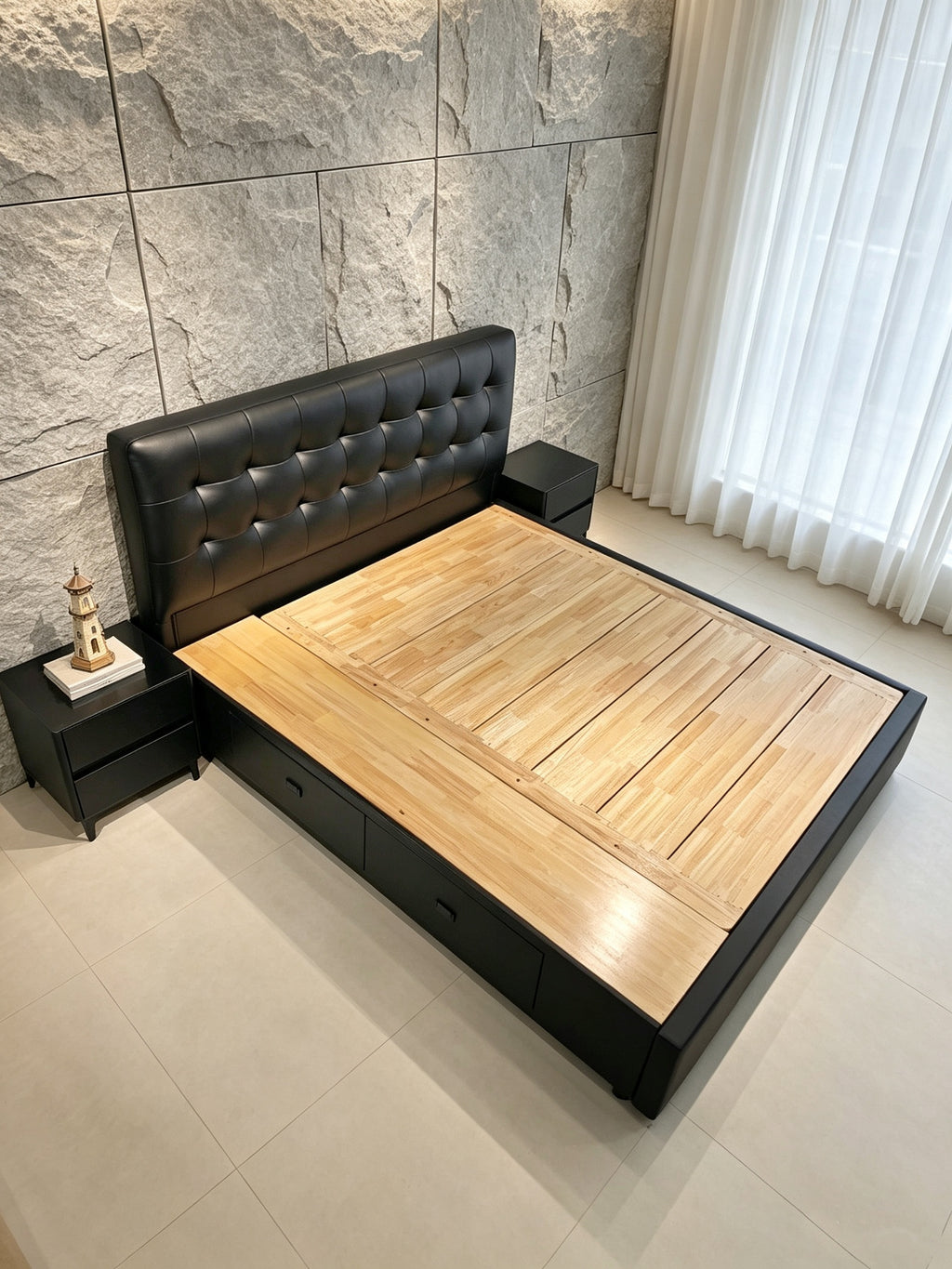 ANJU Deep Button-Tufted Storage Bed Frame with Full Gas Lift Base and 2 Drawers, Faux Leather, Queen or King