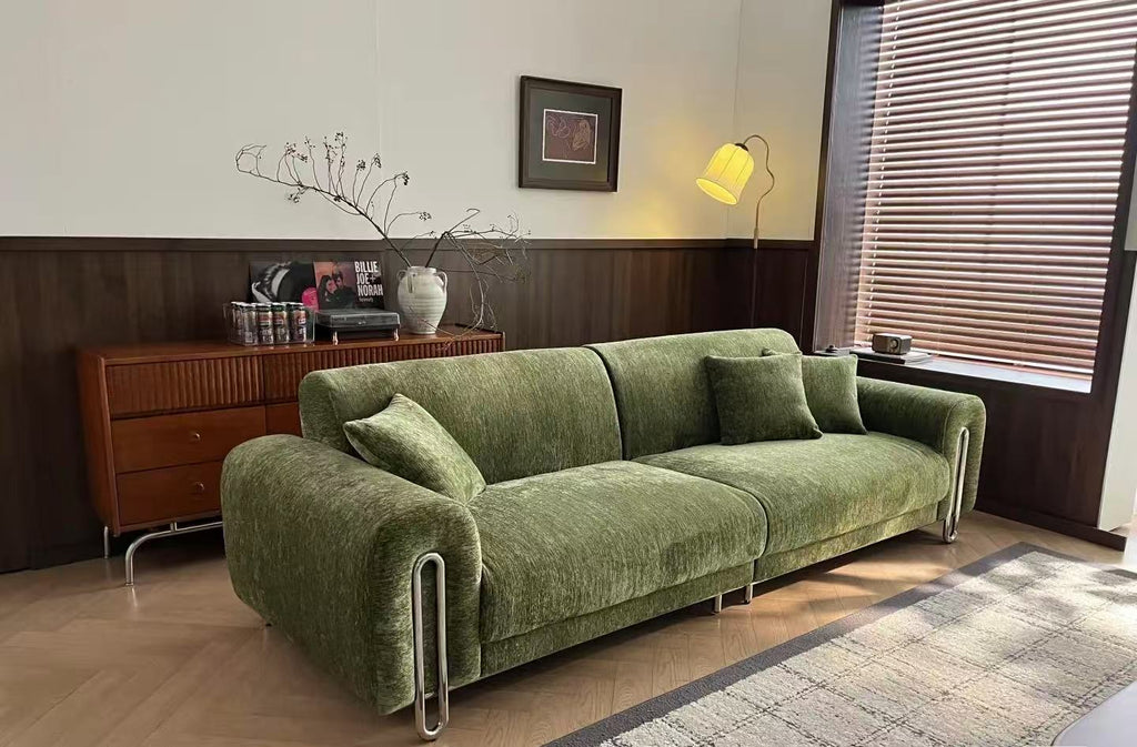 ANJU High-Back Chenille Sofa with Silver Loop Arm Frame, 130–320 cm