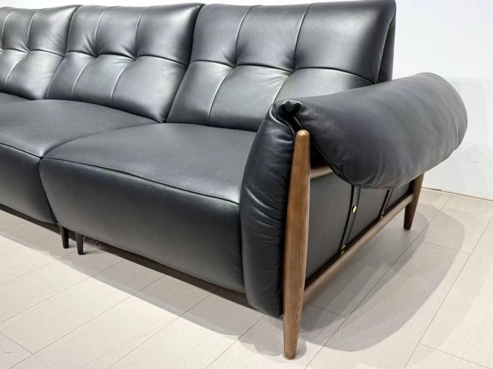 ANJU Button-Tufted Faux Leather Sofa with Exposed Wood Frame, 260–360 cm