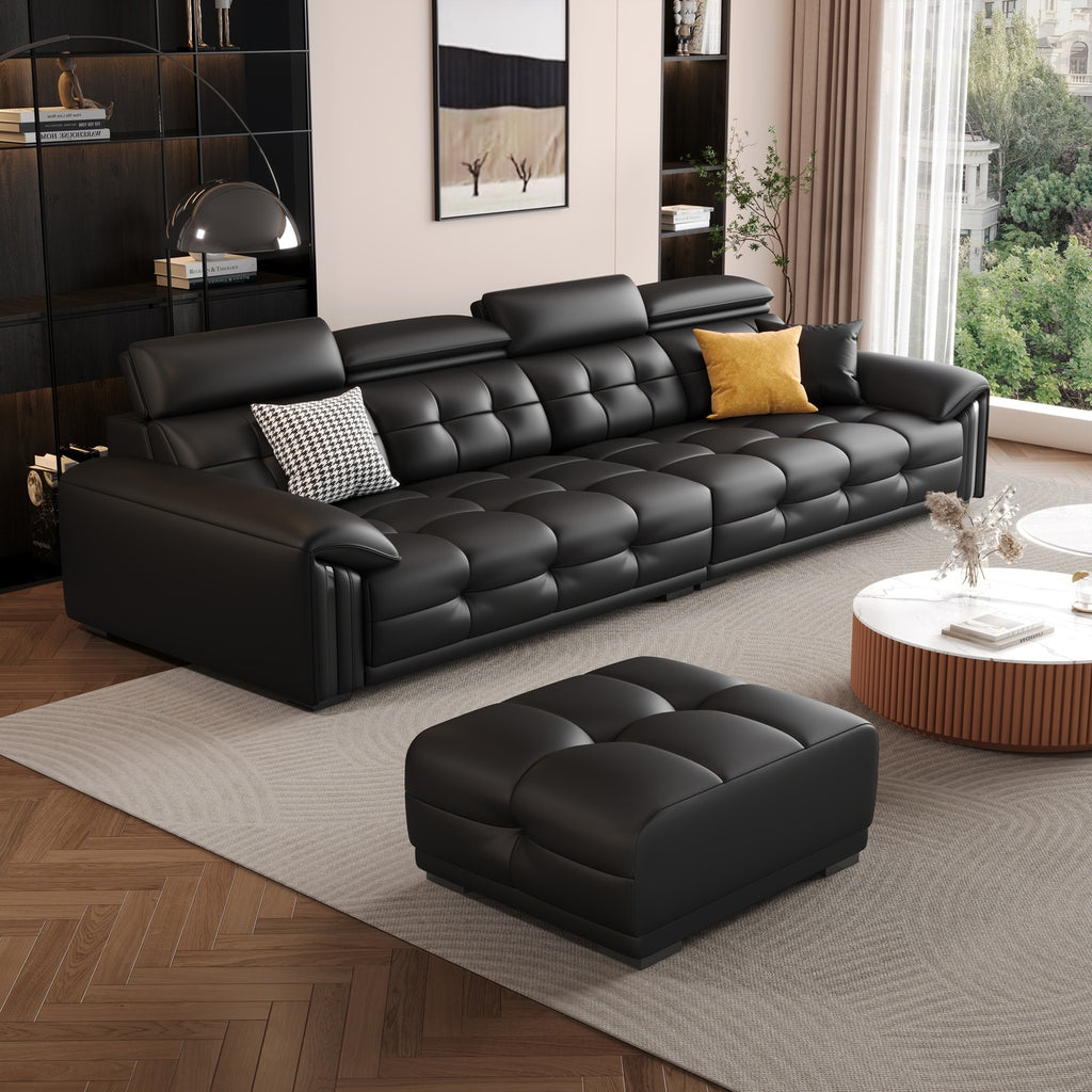 ANJU Four-Headrest Tufted Faux Leather Sofa with Metal Arm Trim, 126–400 cm
