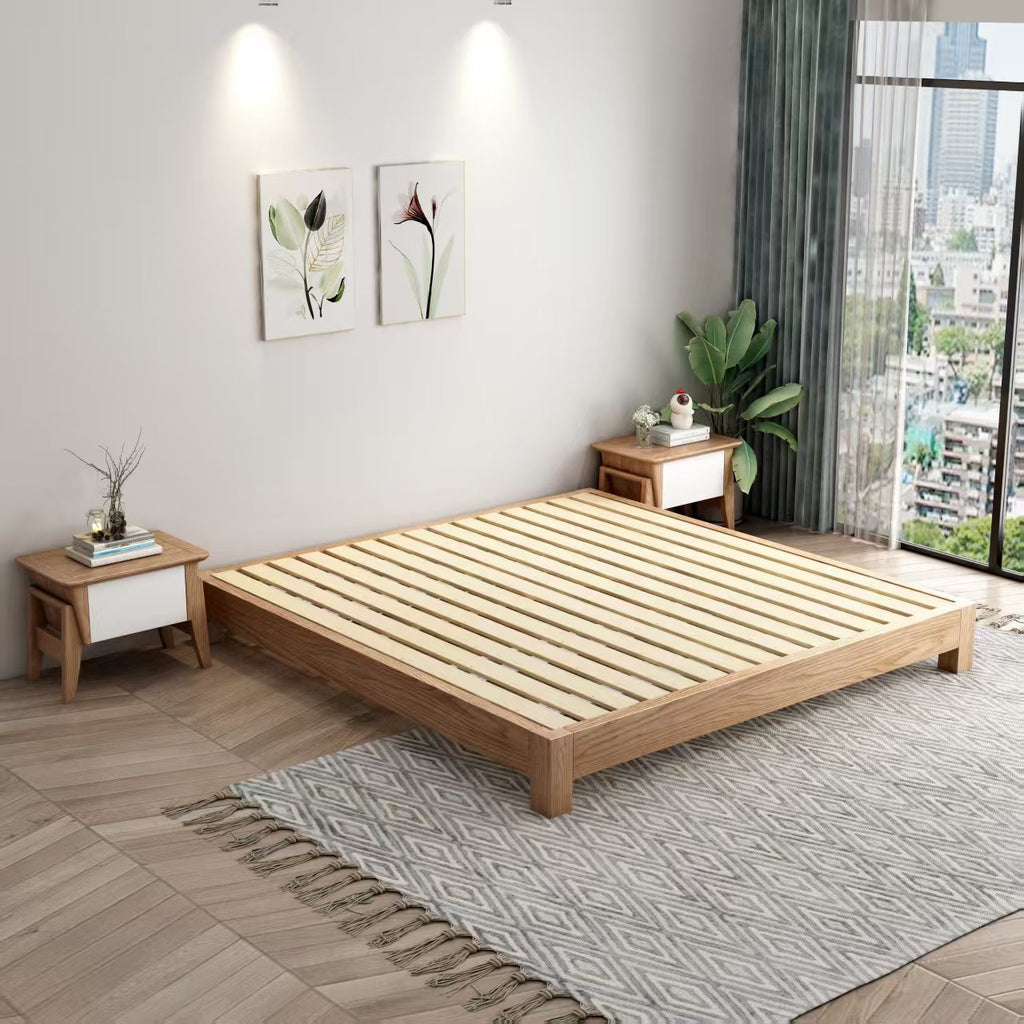 ANJU Ash Veneer Low Tatami Bed Frame with Square Wooden Legs, Headboardless, Super Single to King