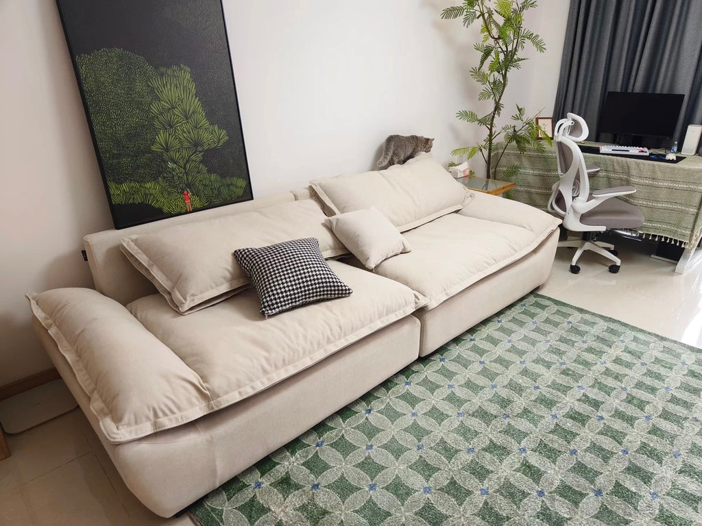 ANJU Low Pillow-Back Sofa with Flared Arms, Suede-Feel Fabric, Faux or Top-Grain Leather, 120–400 cm