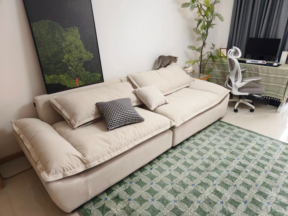 ANJU Low Pillow-Back Sofa with Flared Arms, Suede-Feel Fabric, Faux or Top-Grain Leather, 120–400 cm