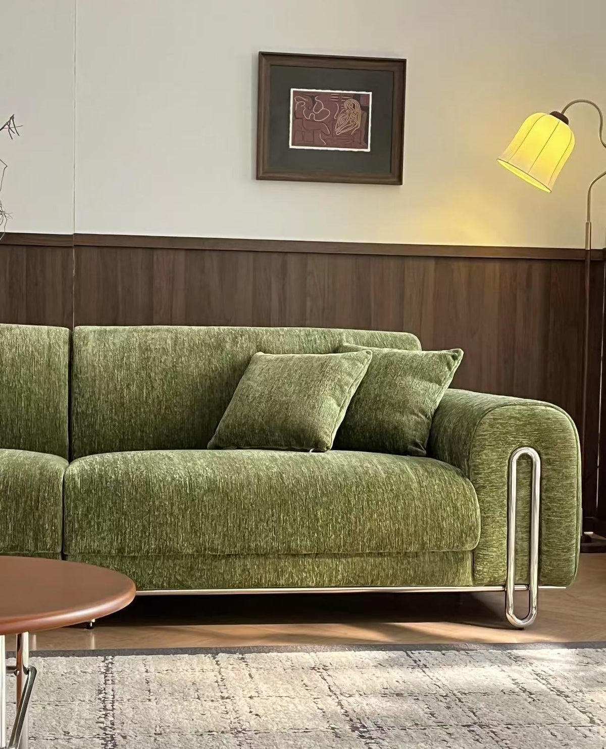 ANJU High-Back Chenille Sofa with Silver Loop Arm Frame, 130–320 cm