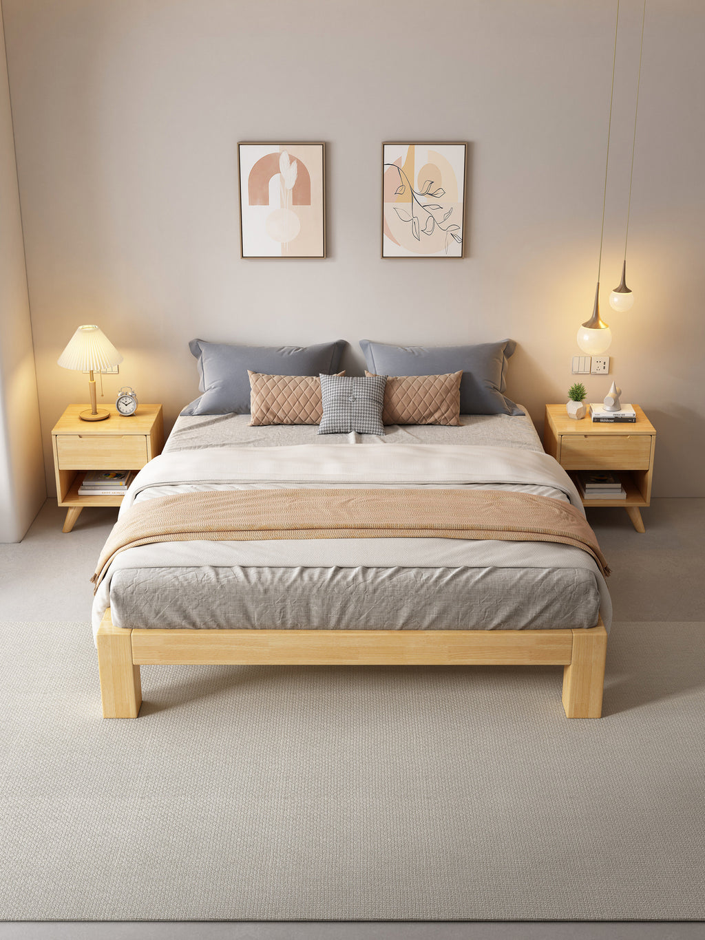ANJU Chunky Leg Solid Oak Platform Bed, Low Japanese Bed Frame with Plank Deck, Super Single to King
