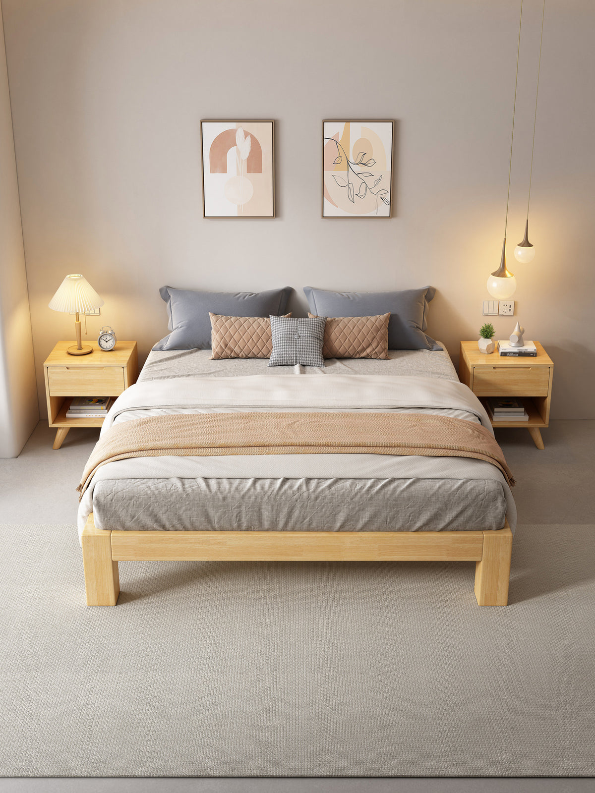 ANJU Chunky Leg Solid Oak Platform Bed, Low Japanese Bed Frame with Plank Deck, Super Single to King