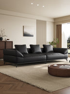 ANJU Curved-Arm Low Sofa with Slim Metal Legs, Faux or Top-Grain Leather, 280–370 cm
