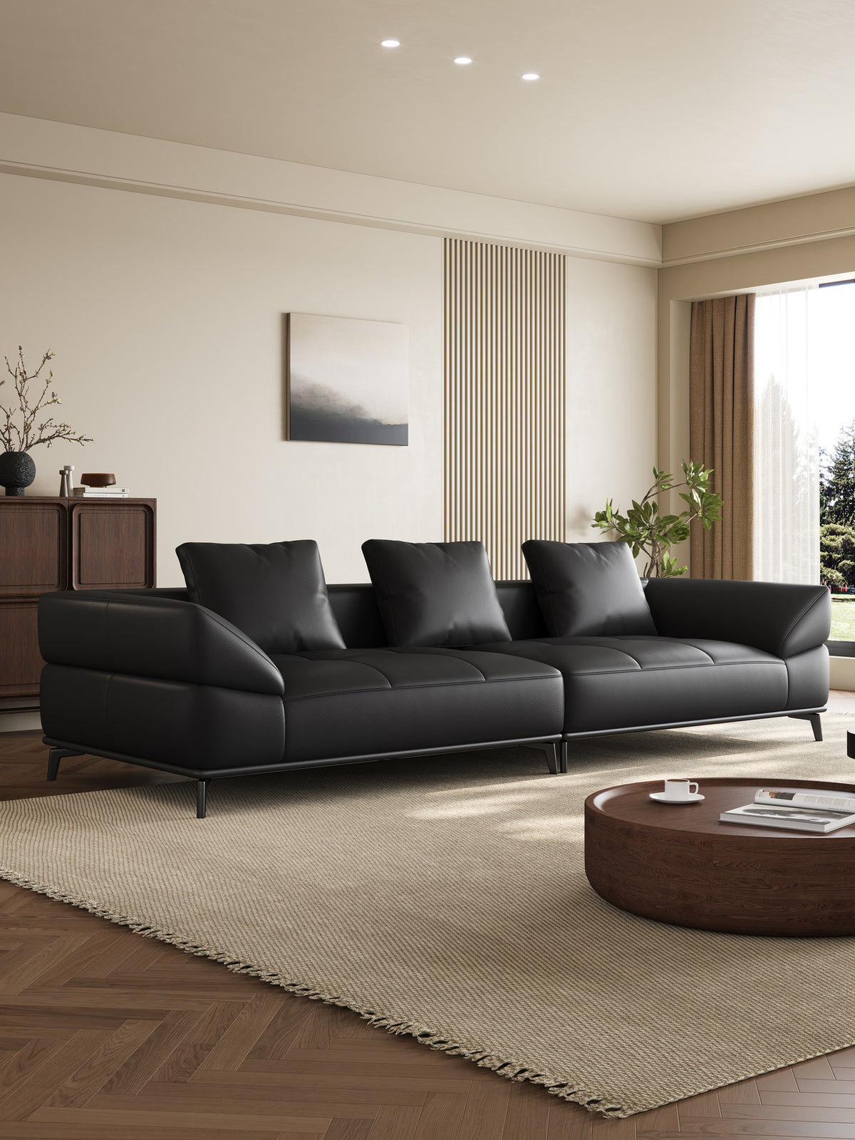 ANJU Curved-Arm Low Sofa with Slim Metal Legs, Faux or Top-Grain Leather, 280–370 cm