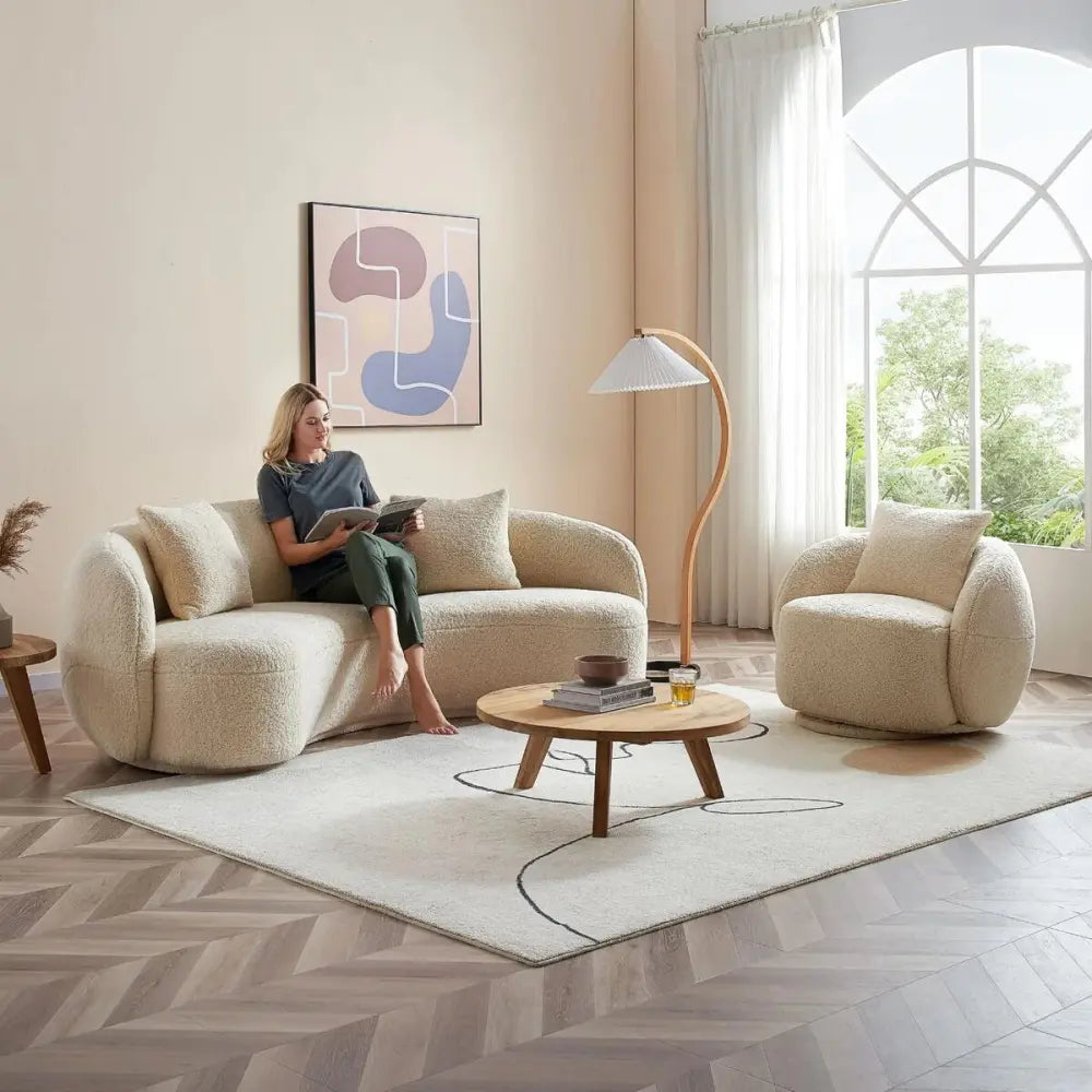 ANJU Curved Kidney Sofa in Boucle-Look Lamb Fleece or Velvet, 95–320 cm