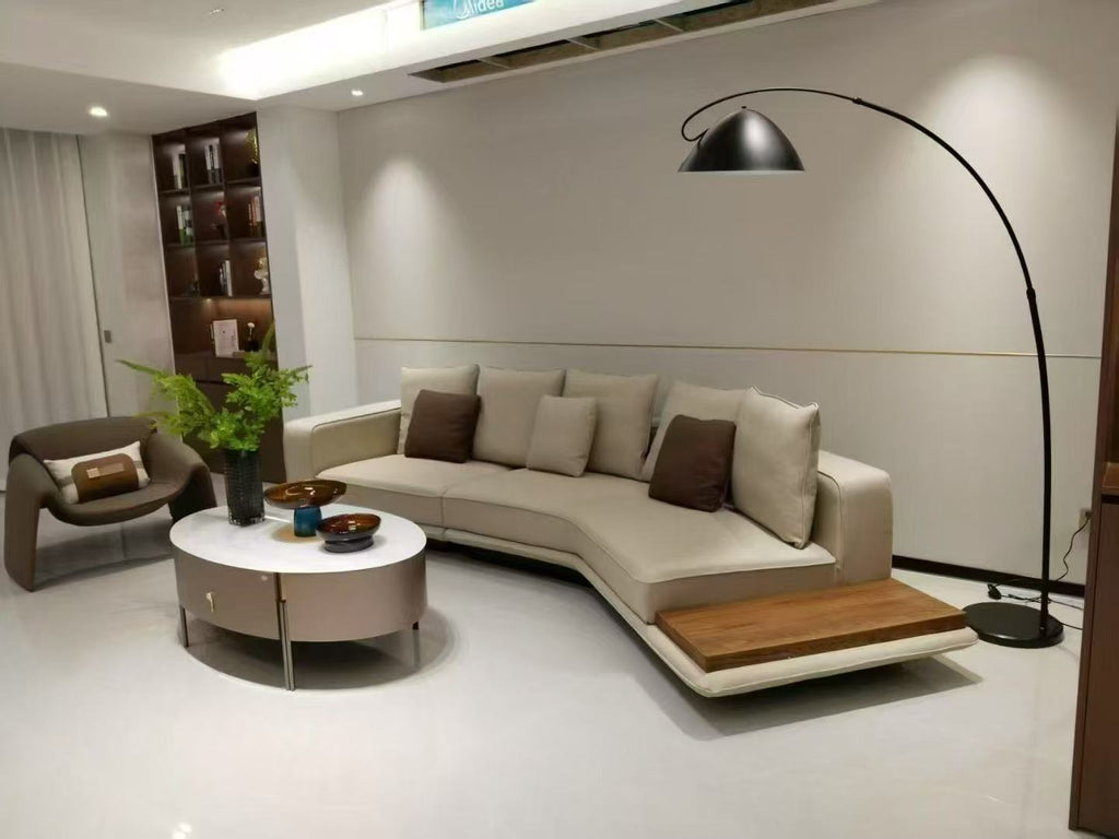 ANJU Curved Corner Faux Leather Sofa with Attached Side Table, 370 cm