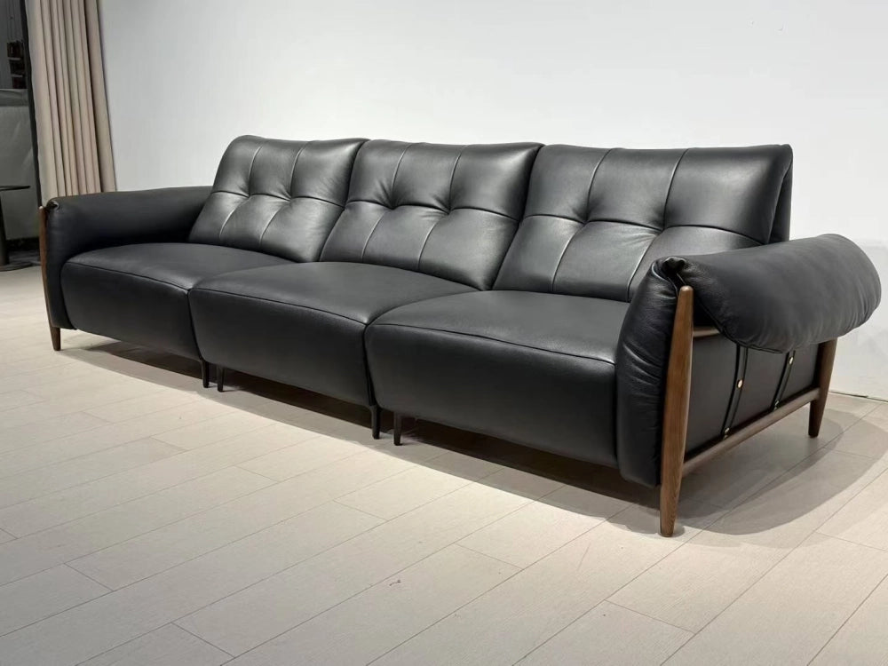 ANJU Button-Tufted Faux Leather Sofa with Exposed Wood Frame, 260–360 cm