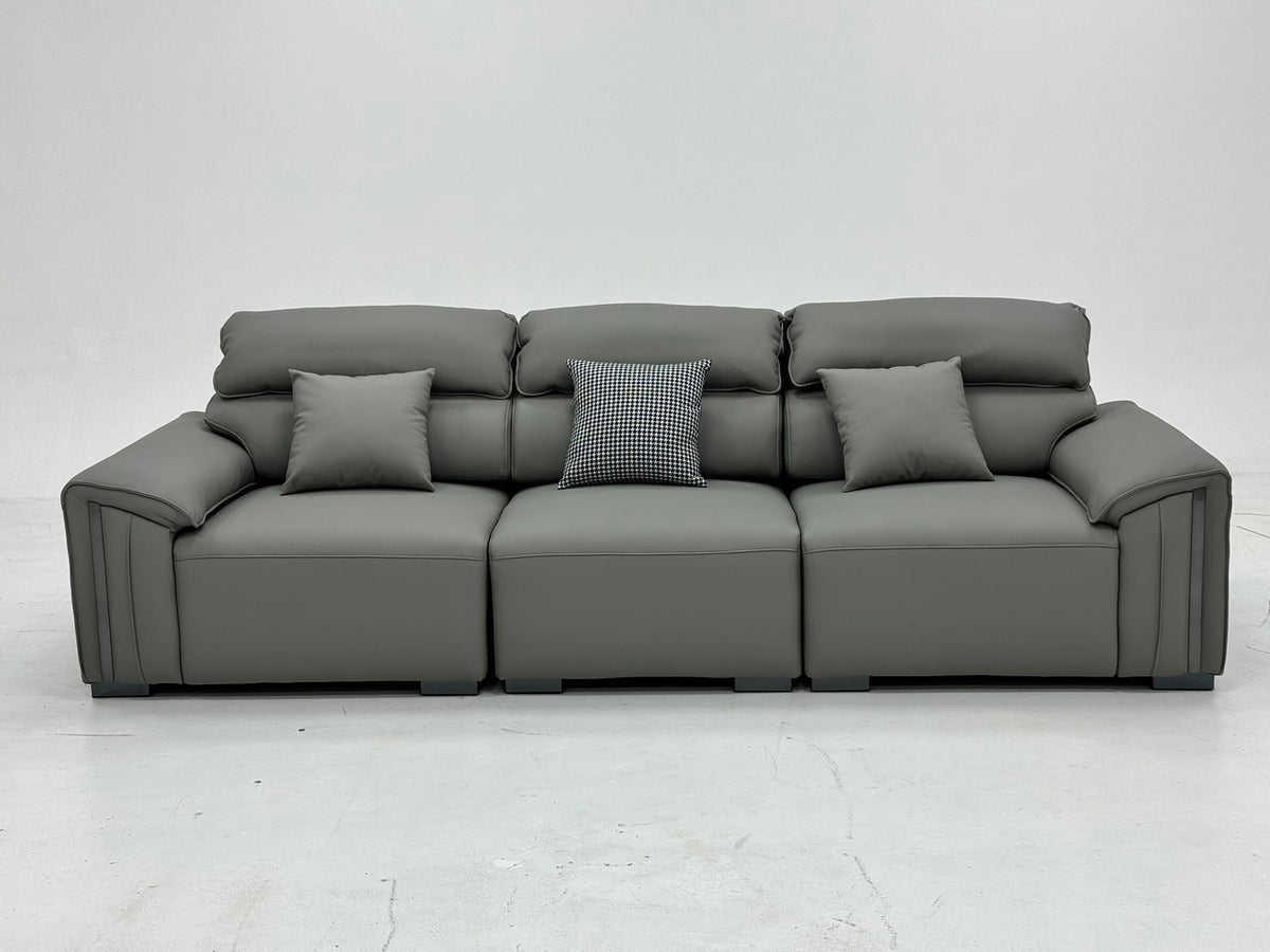 ANJU Headrest Sofa with Trimmed Wide Arms, Faux or Top-Grain Leather, 280–340 cm