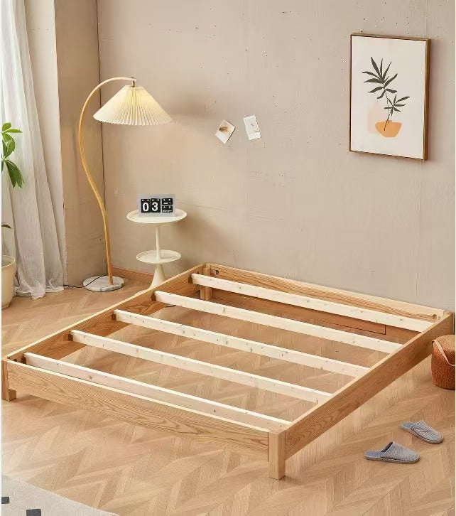 ANJU Ash Veneer Low Tatami Bed Frame with Square Wooden Legs, Headboardless, Super Single to King