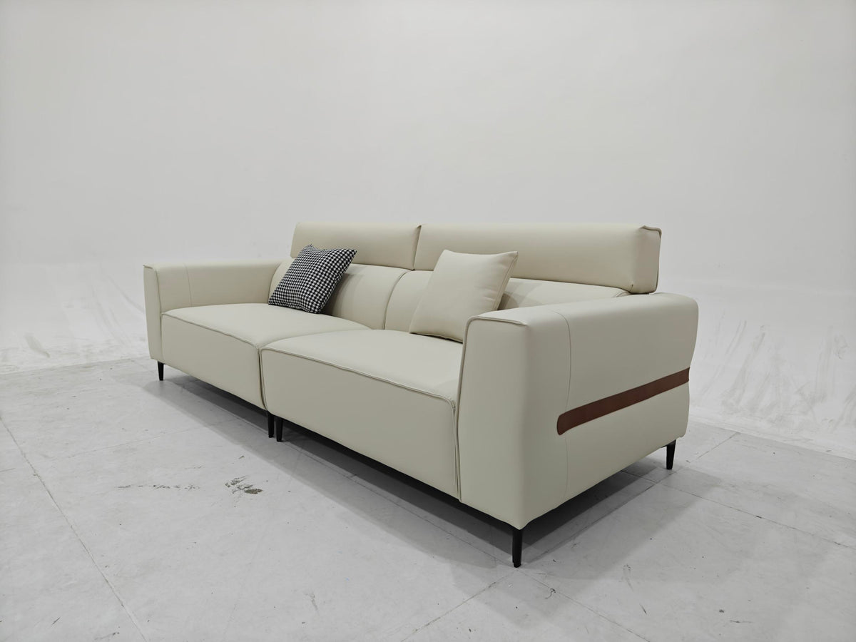 ANJU Adjustable Headrest Sofa with Walnut Arm Inlay, Faux Leather or Suede-Feel Fabric, 125–366 cm