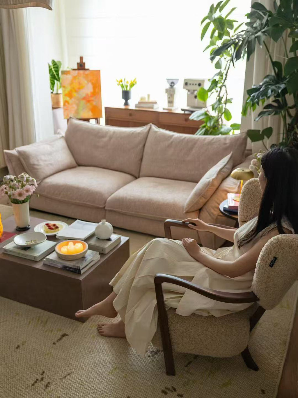 ANJU Wing-Arm Chenille Sofa with Plump Down-Blend Cushions, 260–340 cm