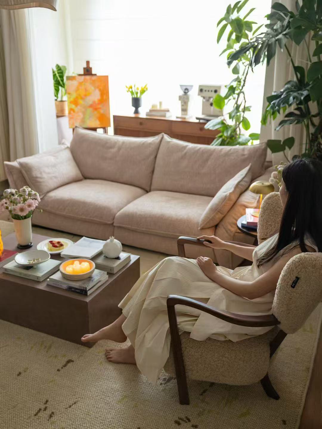 ANJU Wing-Arm Chenille Sofa with Plump Down-Blend Cushions, 260–340 cm