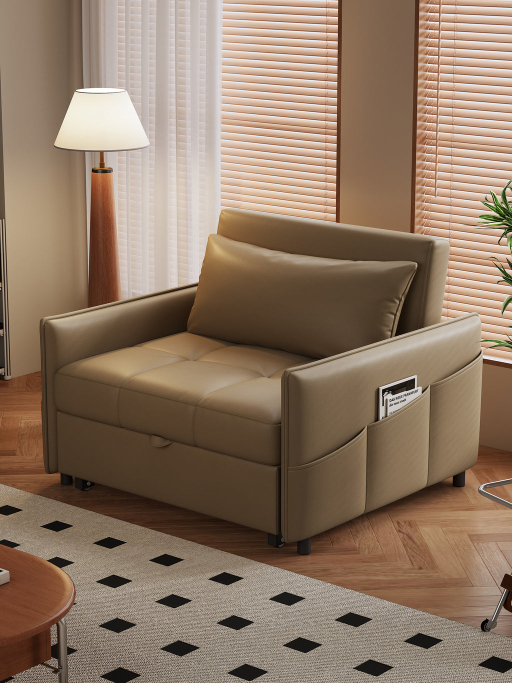 ANJU Armchair Sofa Bed with Wide Padded Arms and Side Pocket, Single or 2-Seater, 80–180 cm