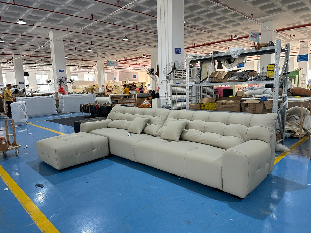 ANJU Biscuit-Tufted Plush Sofa, Faux or Top-Grain Leather, 130–400 cm