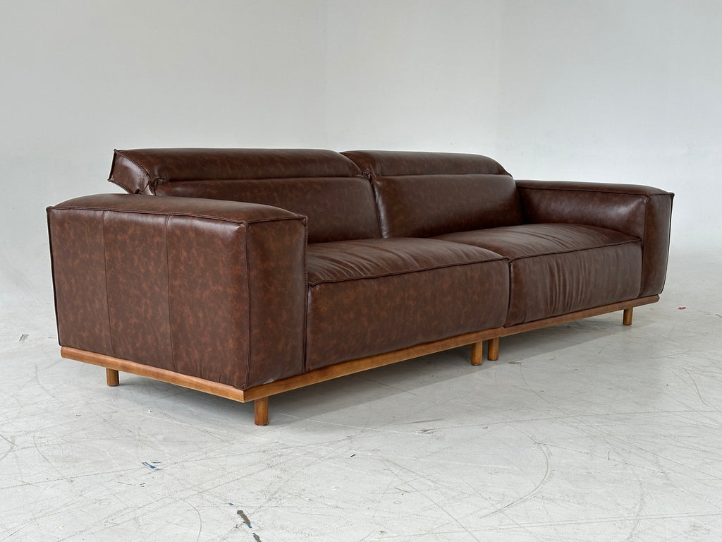 ANJU Oil-Wax Faux Leather Sofa with Headrests and Wooden Base, 270 cm