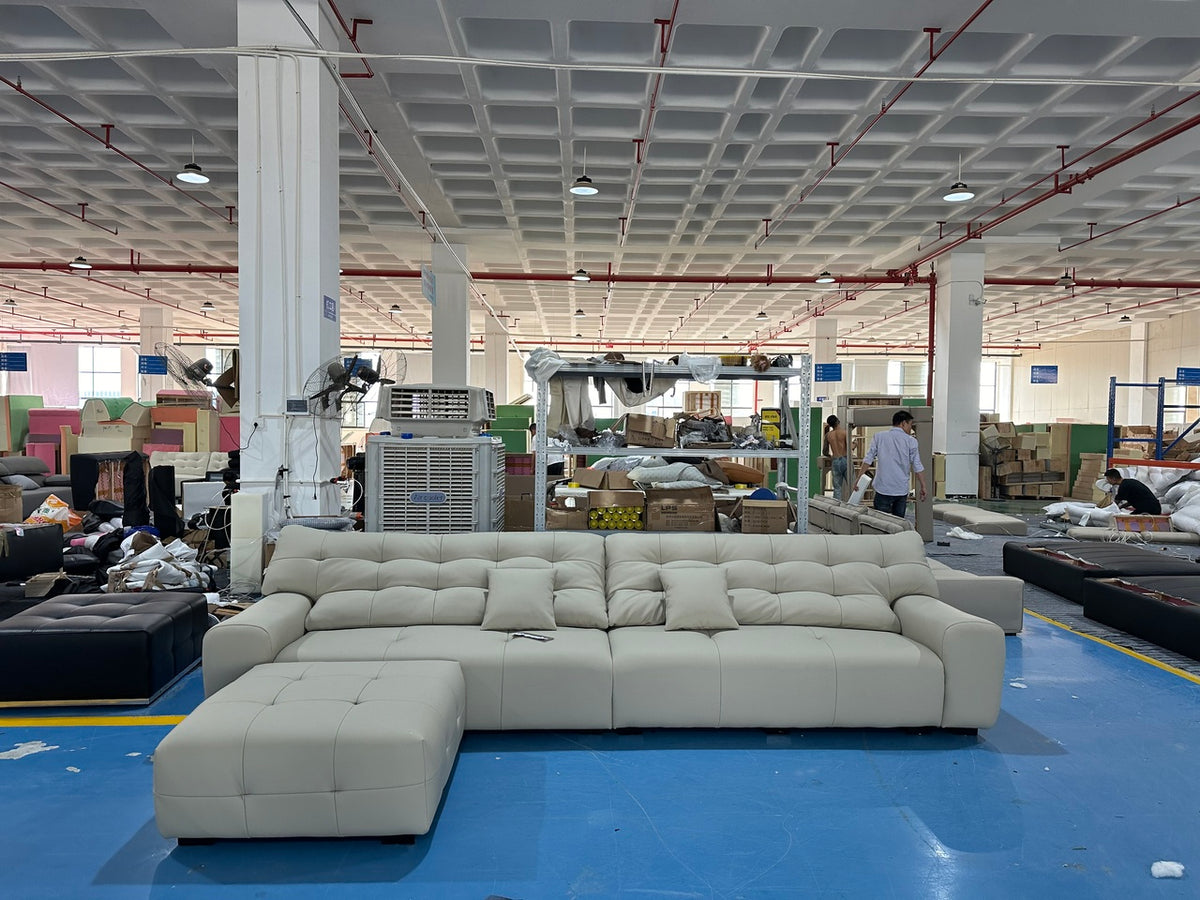 ANJU Biscuit-Tufted Plush Sofa, Faux or Top-Grain Leather, 130–400 cm