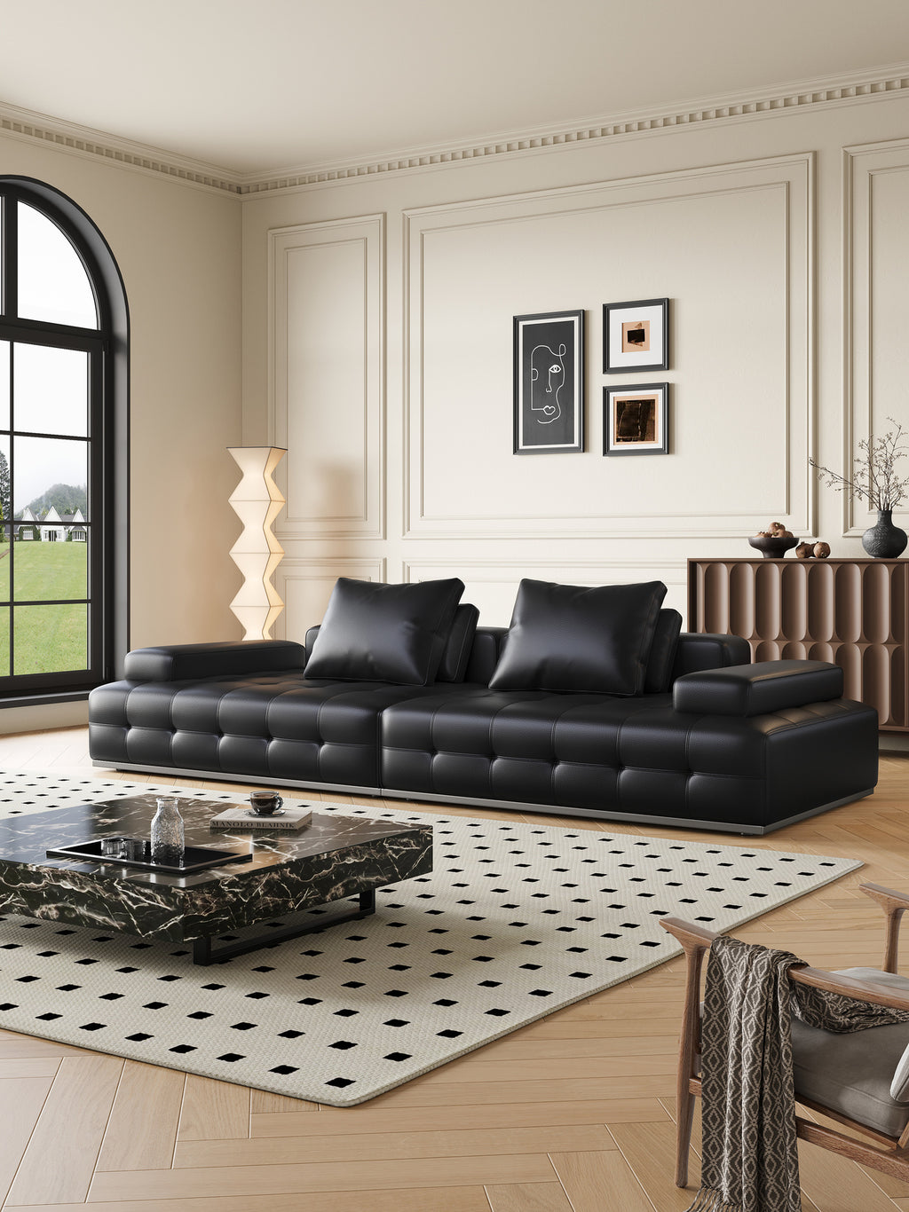 ANJU Premium Grid-Tufted Modular Sofa with Down Back Cushions, Faux or Top-Grain Leather, 252–420 cm