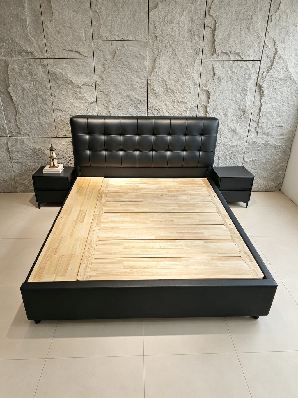ANJU Deep Button-Tufted Storage Bed Frame with Full Gas Lift Base and 2 Drawers, Faux Leather, Queen or King