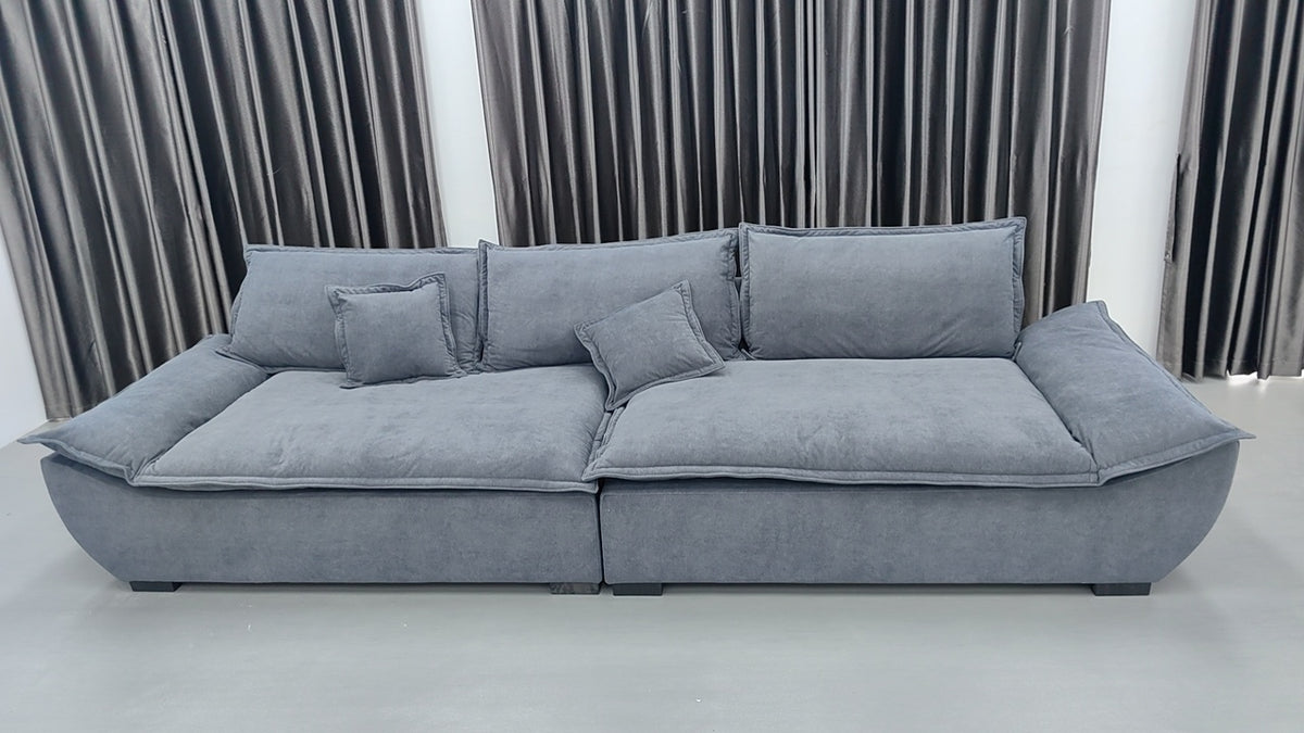 ANJU Low Pillow-Back Sofa with Flared Arms, Suede-Feel Fabric, Faux or Top-Grain Leather, 120–400 cm