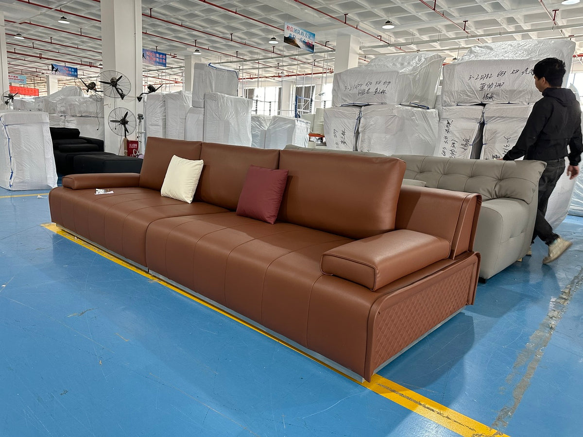 ANJU Vertical Channel-Stitched Sofa with Steel Base, Faux or Top-Grain Leather, 140–392 cm
