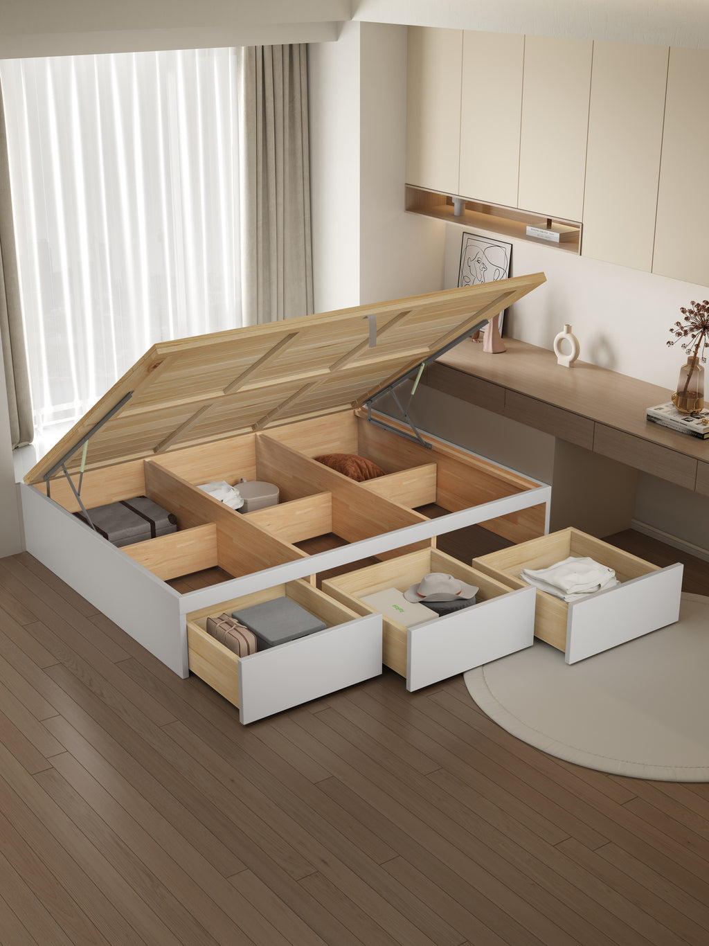 ANJU Wooden Storage Platform Bed with 3 Side Drawers and Gas Lift, Oak or Eucalyptus Edge, Super Single to King