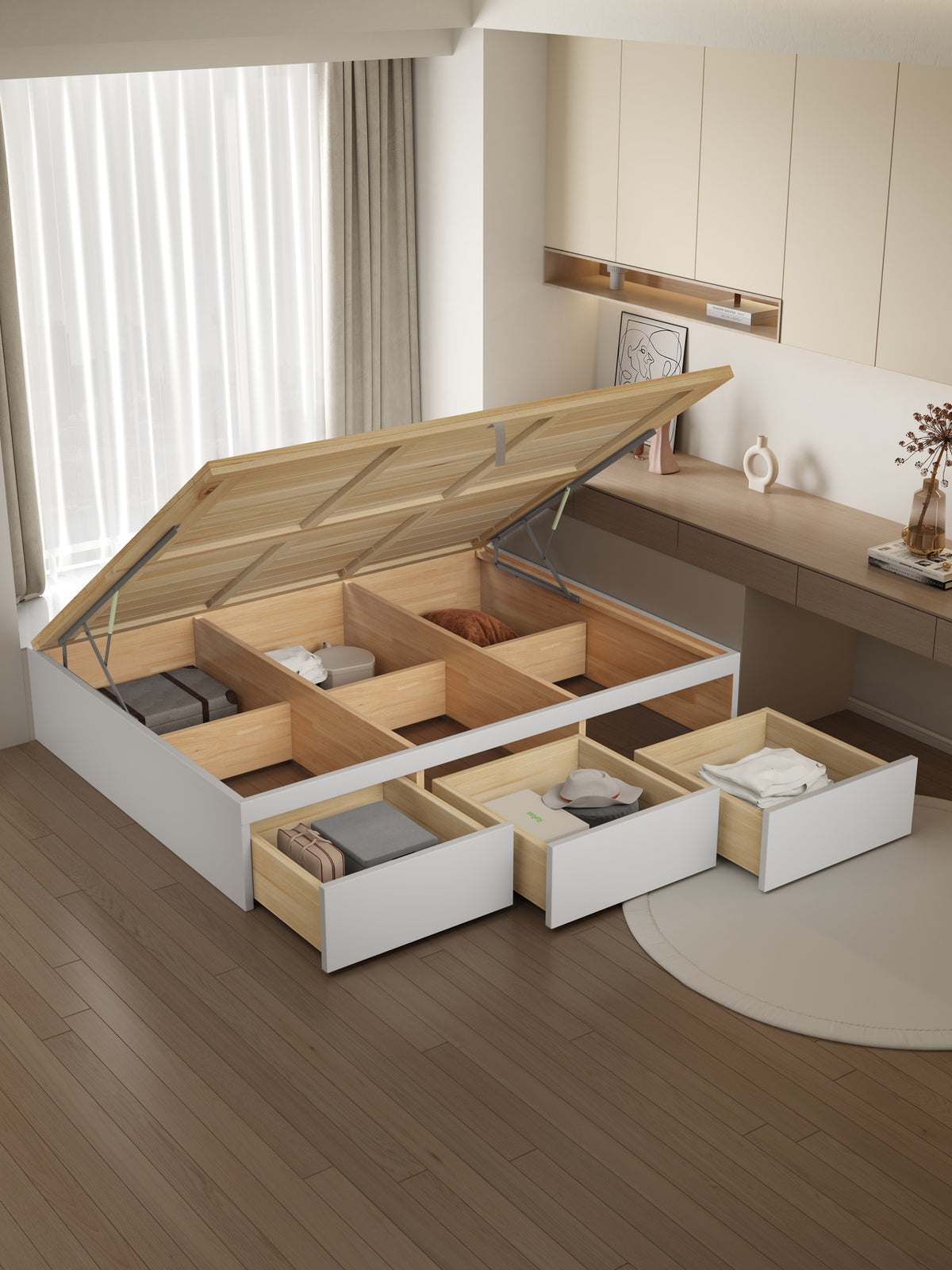 ANJU Wooden Storage Platform Bed with 3 Side Drawers and Gas Lift, Oak or Eucalyptus Edge, Super Single to King