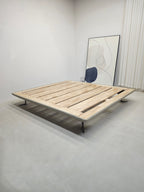 ANJU Bevelled Edge Floating Oak Platform Bed with Black Metal Feet, Queen or King