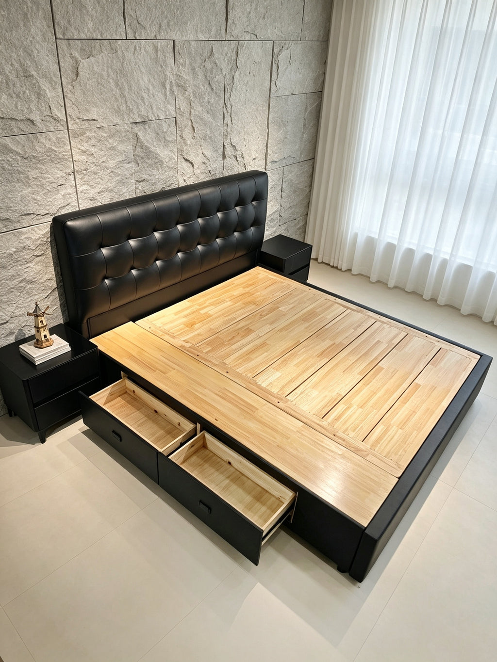 ANJU Deep Button-Tufted Storage Bed Frame with Full Gas Lift Base and 2 Drawers, Faux Leather, Queen or King