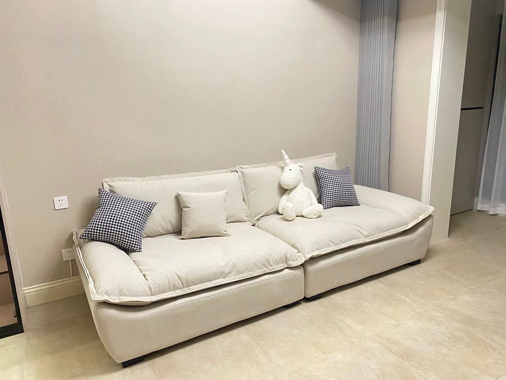 ANJU Low Pillow-Back Sofa with Flared Arms, Suede-Feel Fabric, Faux or Top-Grain Leather, 120–400 cm