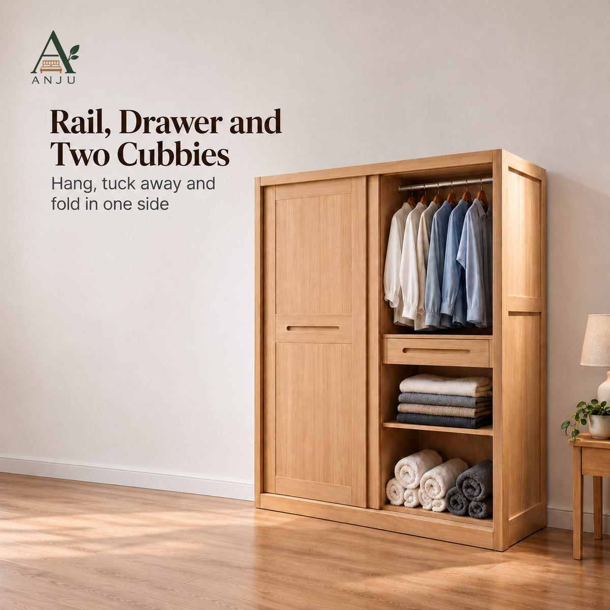 Natural sliding wardrobe with the door slid left, showing hanging shirts, a drawer and cubbies holding folded towels