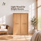 Closed natural 2-door sliding wardrobe against a white wall with a wicker chair, potted plant and window blinds