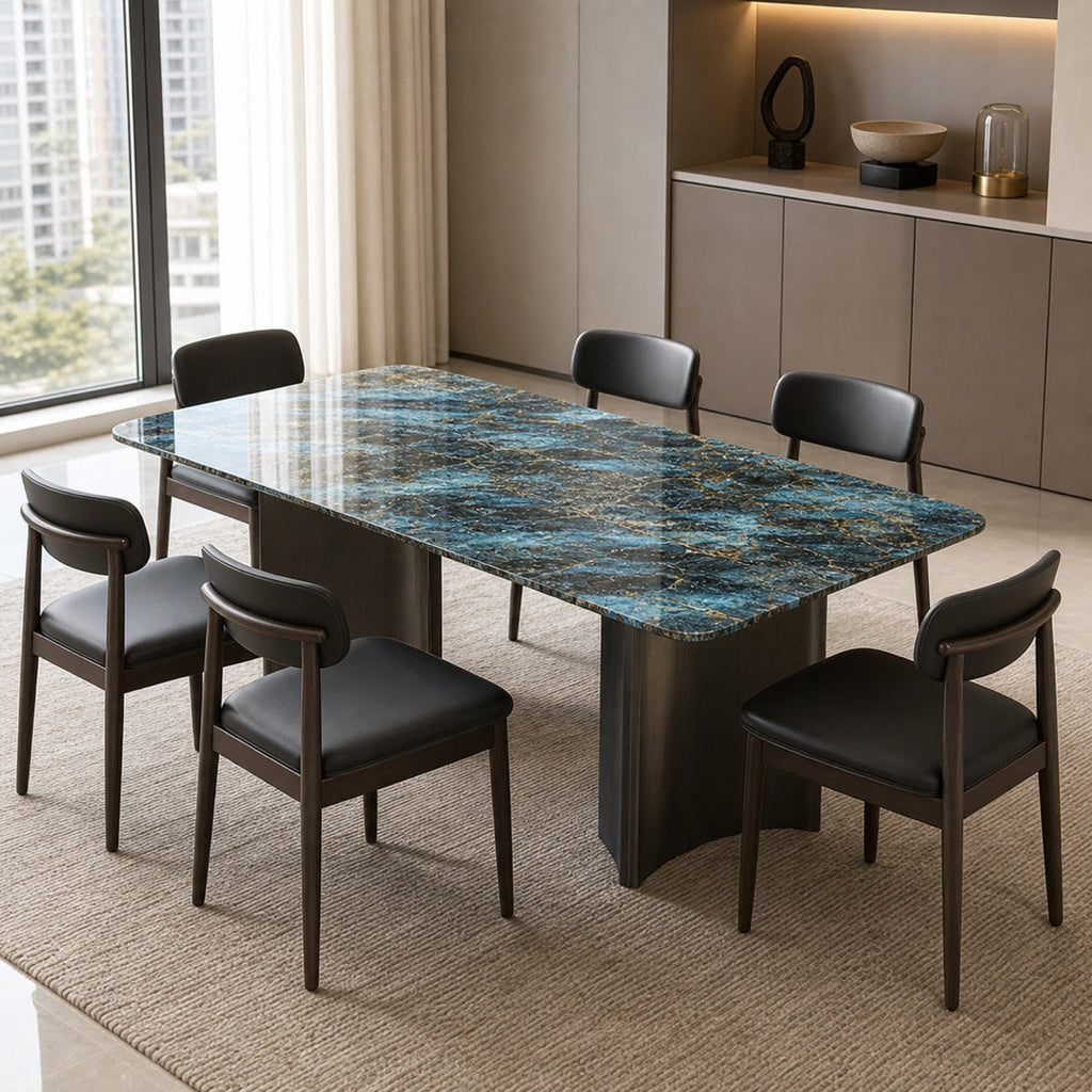 ANJU A03-1 blue pattern dining table set with six chairs