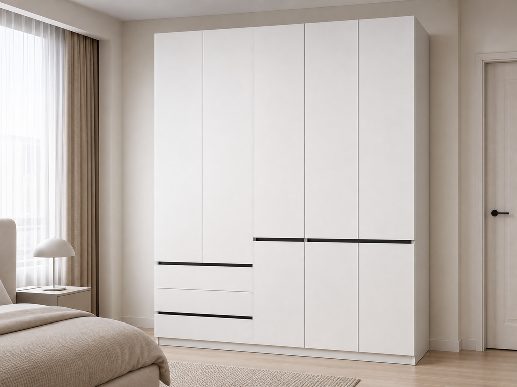 ANJU white 4-door wardrobe with drawers in bedroom