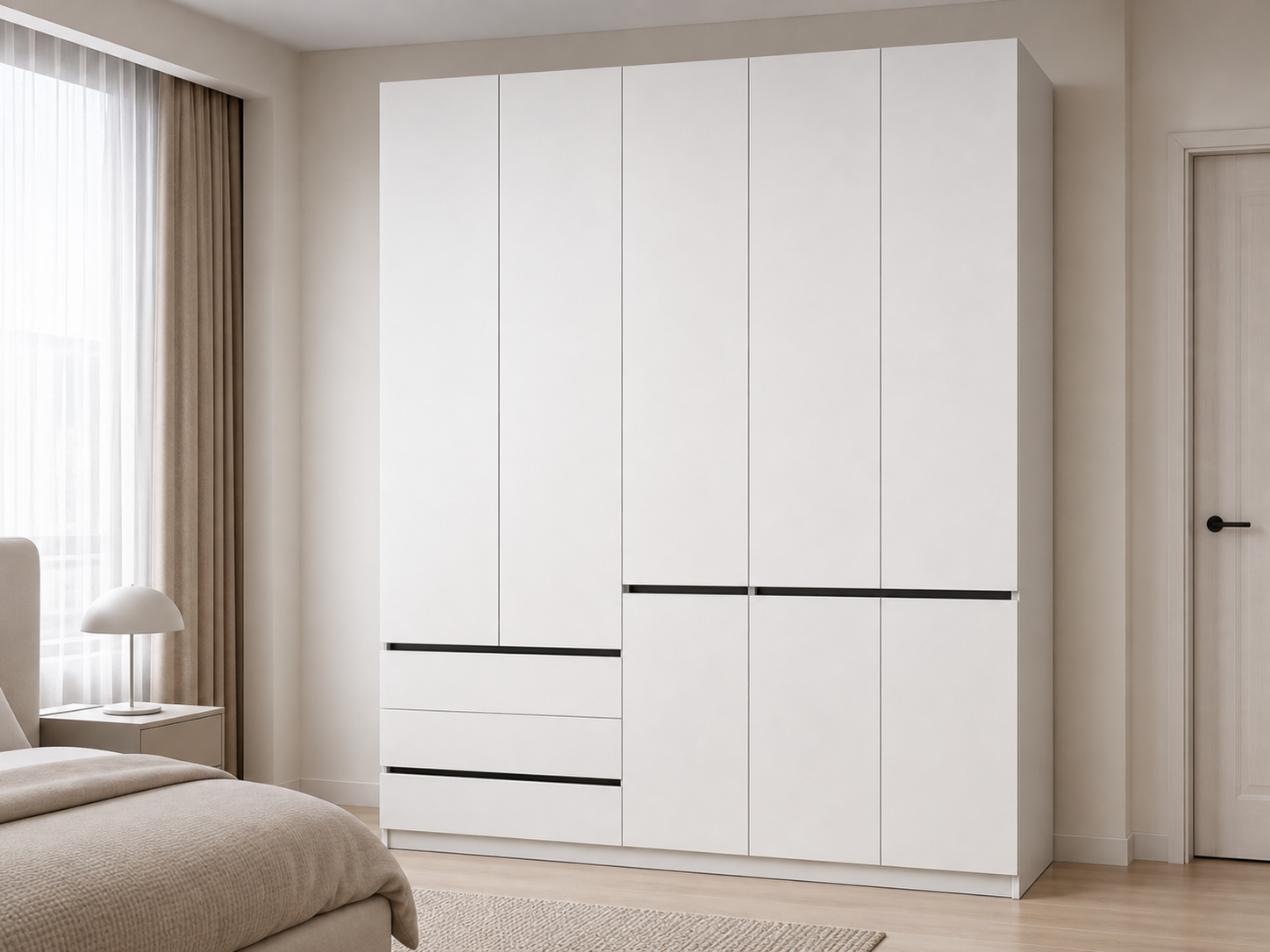 ANJU white 4-door wardrobe with drawers in bedroom